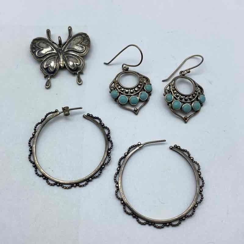 Vintage 1990s Sterling Silver 925 Turquoise CFJ Thai Butterfly Pendant Earrings