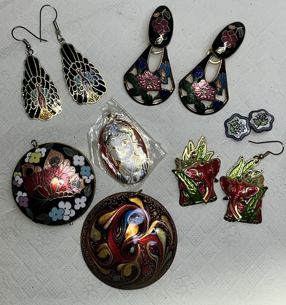 Vintage Cloisonne Butterfly Jewelry 7pc Pendants Earrings Elephant Peacock Cuff