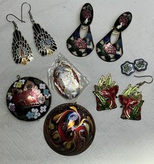 Vintage Cloisonne Butterfly Jewelry 7pc Pendants Earrings Elephant Peacock Cuff