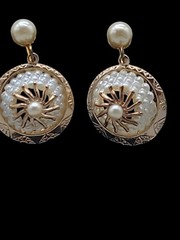 Vintage Pinwheel Faux Pearl Drop Screw Back Earrings Dangle Etched Gold Plated