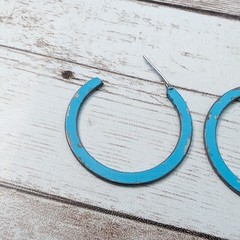 Vintage Earrings For Pierced Ears Light Bright Blue Hoops – Paint Chips/Tarnish