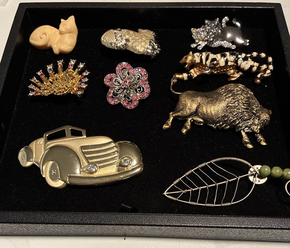 Vintage Pin Brooch Signed AJC Patchwork Cat plus Cats Turkey Flower etc. Lot