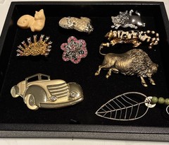 Vintage Pin Brooch Signed AJC Patchwork Cat plus Cats Turkey Flower etc. Lot