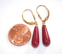 Genuine 14K Red Jade Elongated Medium Size Tear drop Lever back Earrings