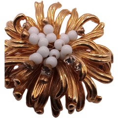 Vintage Gold Tone Floral Brooch White Milk Glass Beaded Rhinestone Pin 2 in D