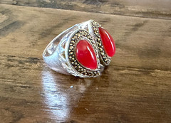 Marcasite Sterlling Silver Chunky Double Stone Garnet Ring Size 8