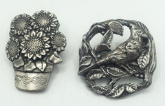 Birds & Blooms Pin Lot Of 2 Limited Edition Brooches Pewter Bird an Flowers