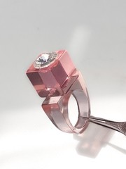 Vintage Lucite Ring Size 7.75 Coral Peach Rhinestone Modern Chunky Cubism Unisex