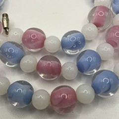Vintage Art Glass Necklace 22” Pastel Pink Blue White Beads Barrel Clasp