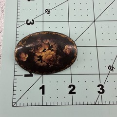 Vintage Russian Lacquer Brooch Hand Painted Black Gold Floral Oval Pin