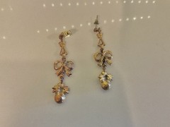 Stunning Vintage Champagne Rhinestones Flowers And Bows Earrings, 2”
