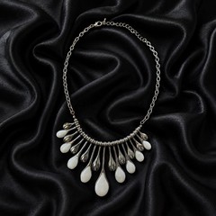 18” Silver Tone & White Teardrop Dangle Bib Necklace, Whitehall Box