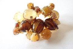 Vintage Signed Austria Cluster Style Brooch W/ Amber Yellow Brown Glass Cabochon