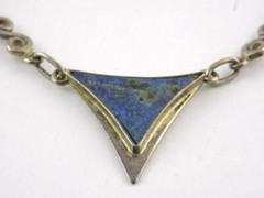 Vintage Unmarked Silver Tone Metal and Lapis Inlay Necklace 17.75 Inches VG