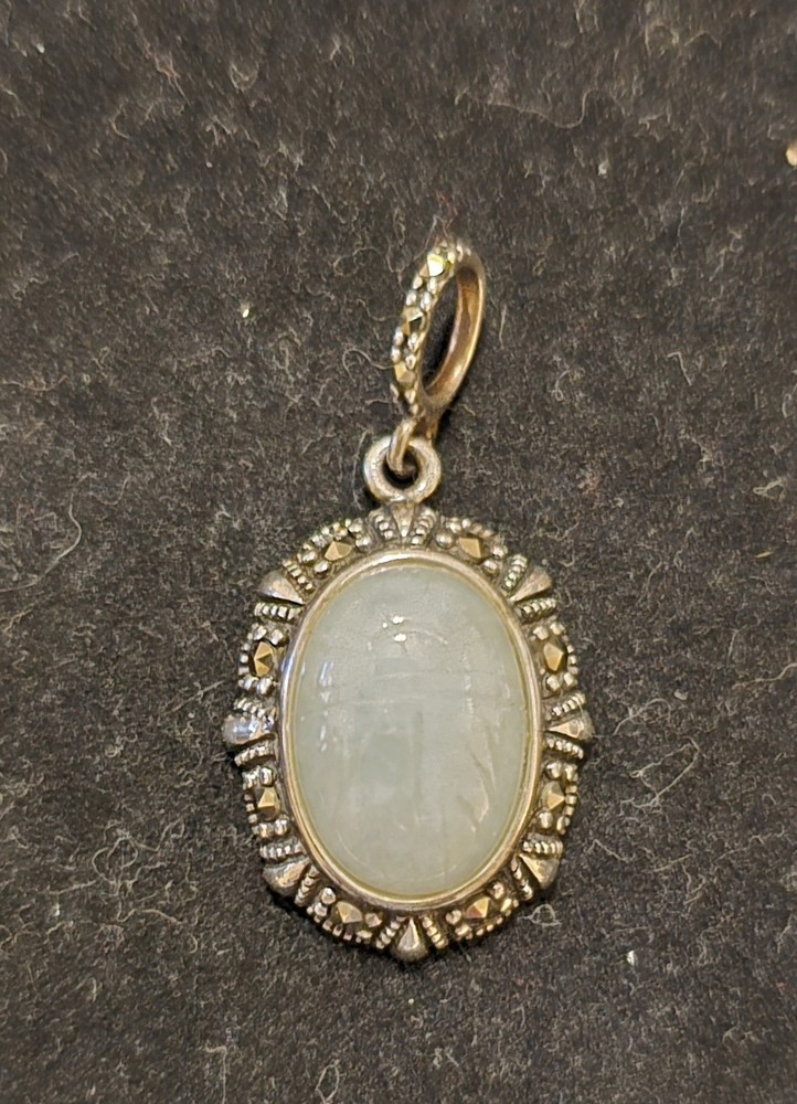 Vintage Sterling Silver & Marcasite Oval Pale Green Jade Intaglio Pendant
