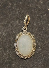 Vintage Sterling Silver & Marcasite Oval Pale Green Jade Intaglio Pendant