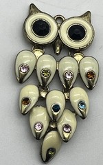 Vintage Articulated Owl Pendant Ivory Enamel Colorful Rhinestones Gold Tone 2.5″