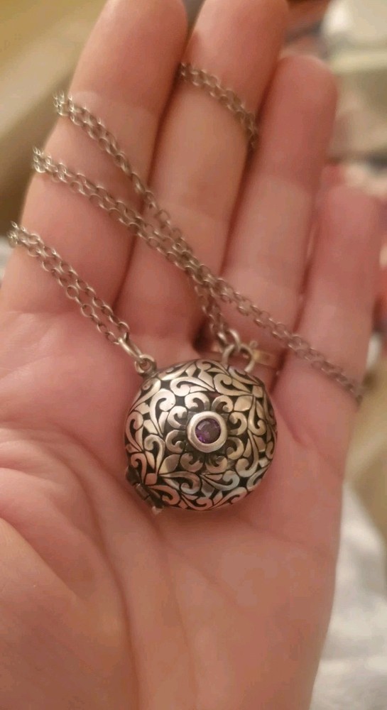 Sterling Silver JEZLAINE Amethyst Solitaire Filigree Locket Pendant Necklace