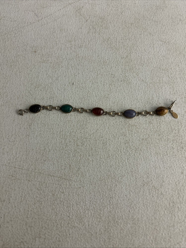 Vintage RUSSEL Gold Filled Bezel Set Multi Malachite Bracelet Safety Chain