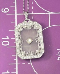 Camphor glass rhodium plated filigree vintage pendant necklace