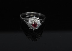 Vintage 0.30ct Intense Red Ruby & 0.24ct Diamond Platinum Ring Size 8, 3.71g