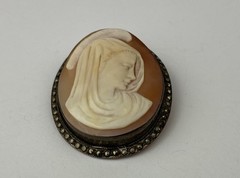 Antique Madonna Cameo Pendant Brooch 900 Silver Marcasite Shell Portrait Signed