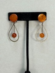 Mid Century Modern Amber Lucite Silver Tone Clip On Dangle Earrings Vintage