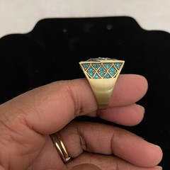 VTG Deco Celtic Motif Square Statement Ring Size 9.5 Gold Tone Blue Green Stones