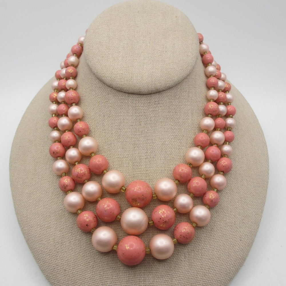 Vintage Beaded Necklace Layered Pink Japan 15 inch