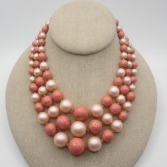 Vintage Beaded Necklace Layered Pink Japan 15 inch