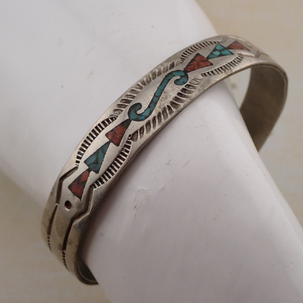 VTG Southwestern Stamp Nickel Silver Turquoise Coral Inlaid 6 1/2″ Cuff Bracelet