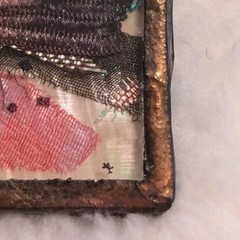 Vintage Abstract Art Brooch Mixed Media Artisan Silk Metal Frame Pin OOAK 2 x 1