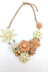 Vintage Enamel Flower Statement Necklace Pink Cream Floral Bib Mod Pop Art