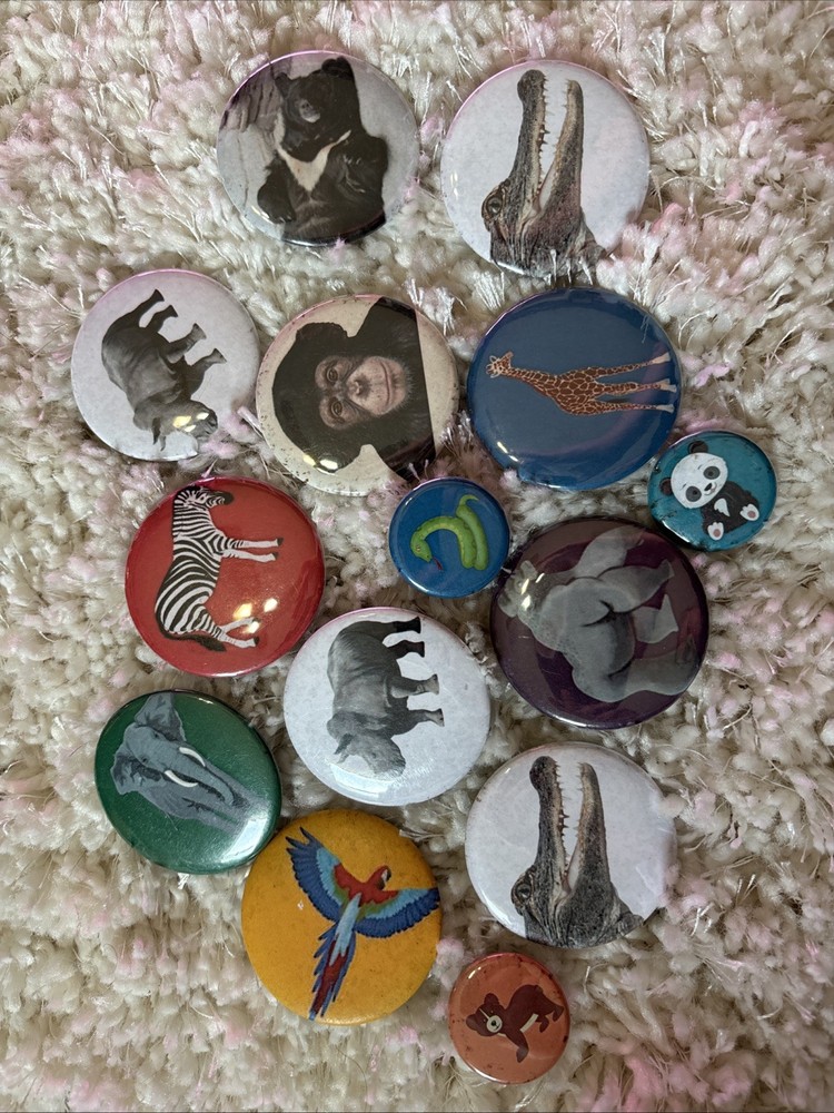 14 Pc Vintage Pinback Buttons Animals Metal Cute Backpack Decor Jackets Collect