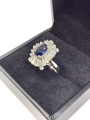 18K White Gold 2.95ctw Oval Sapphire & Tapered VS Baguette Diamond Ring