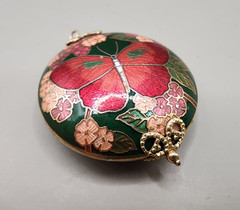 Vintage Cloisonne Enamel Butterfly Pendant Round Solid Charm Floral Green 14g
