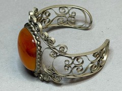 Vintage Baltic Amber Filigree Cuff Bracelet Soviet Era Sterling Silver Plated