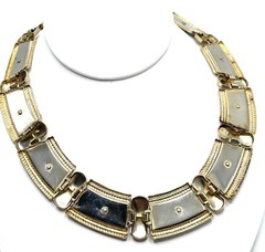 Greco Roman Revival Two Tone Silver Gold Horse Bar Link Collar Necklace Wide VTG