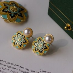 Vintage Enamel Flower Brooch Earring Pearl Women Clothing Party Accessories Gift