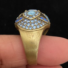 VTG Deco Styled Motif Dome CocktailStatement Ring Size 9.5 Goldtone Blue Stones