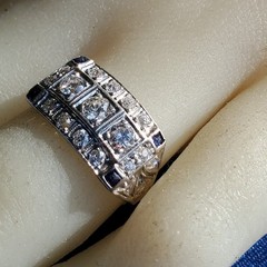 Original EARTH MINED DIAMOND Deco Statement Ring PLATINUM Sapphire 14K GOLD Band