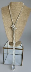 Vintage Rope Length Hand Knotted Faux Glass Pearl Necklace, 8mm Pearls, 56″