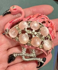 VTG Pot Metal Brooch Bird Pink Enamel Moonglow Rhinestone Silver Tone Flamingo