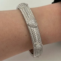 Judith Ripka Clear CZ Triple Heart Diamonique Heavy Silver Cuff Bracelet