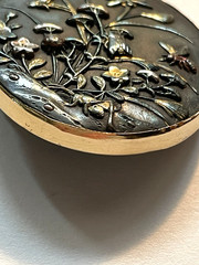 Antique 19th C Japanese Shakudo Inlay Brooch Pin With 18K Yellow Gold Frame