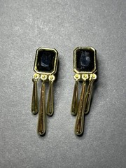 Vintage Jewelmint Gold Tone & Green Black Glass Dangle Drop Clip On Earrings 2″