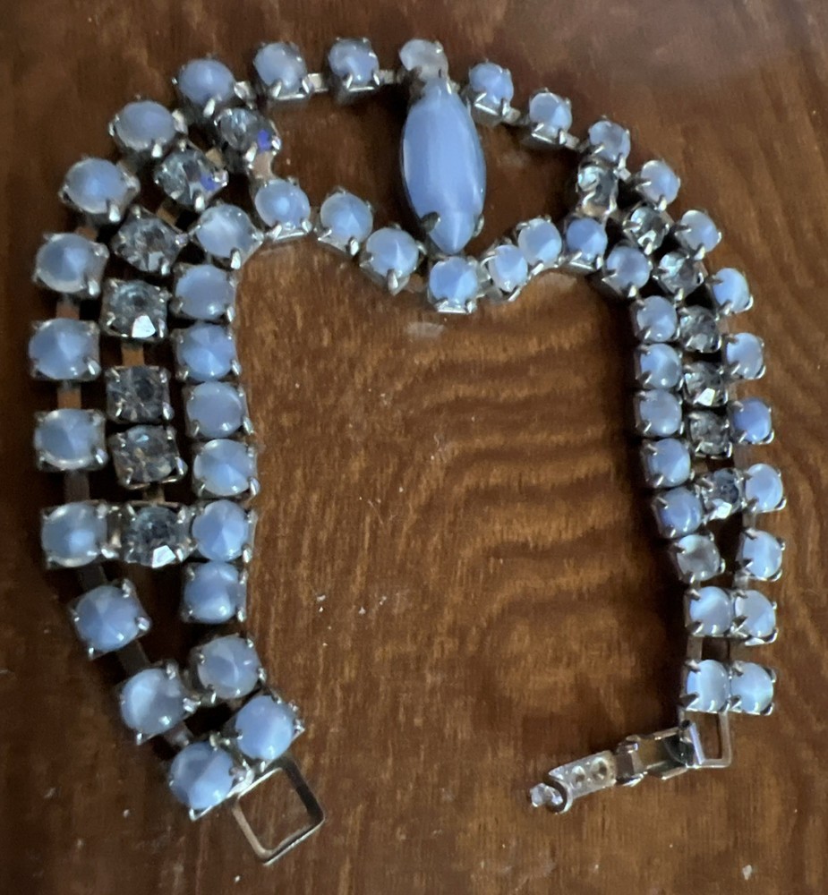 Vintage Blue Moonstone Bracelet Glass Rhinestones Silver Tone 6.5 In.