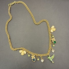 Vintage Tiny Hummingbird Enjoying Flowers, & Rhinestone Raindrop Charms Necklace