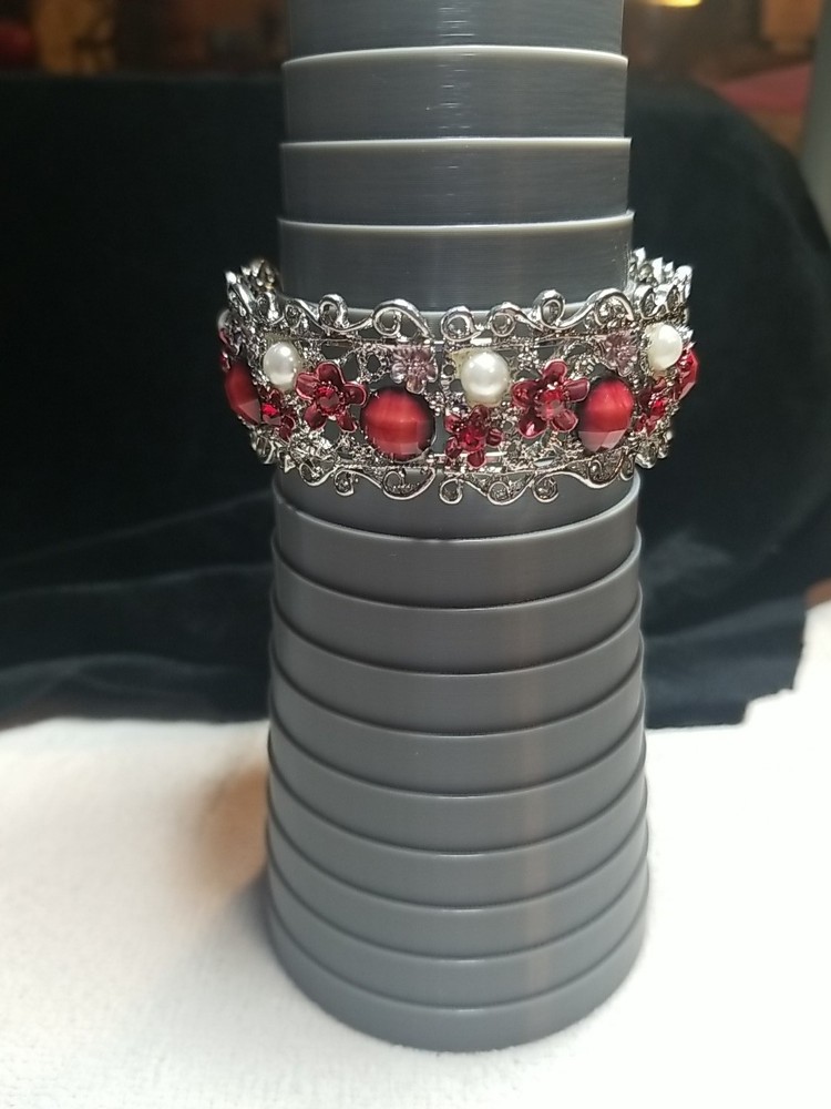 7″ Cuffred Rhinestones Faux Pearls 1960 Silvertone