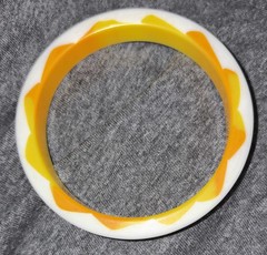 Vintage White Orange Yellow Lucite Plastic Bangle Mod Bracelet 1960s? 1/2” Thick